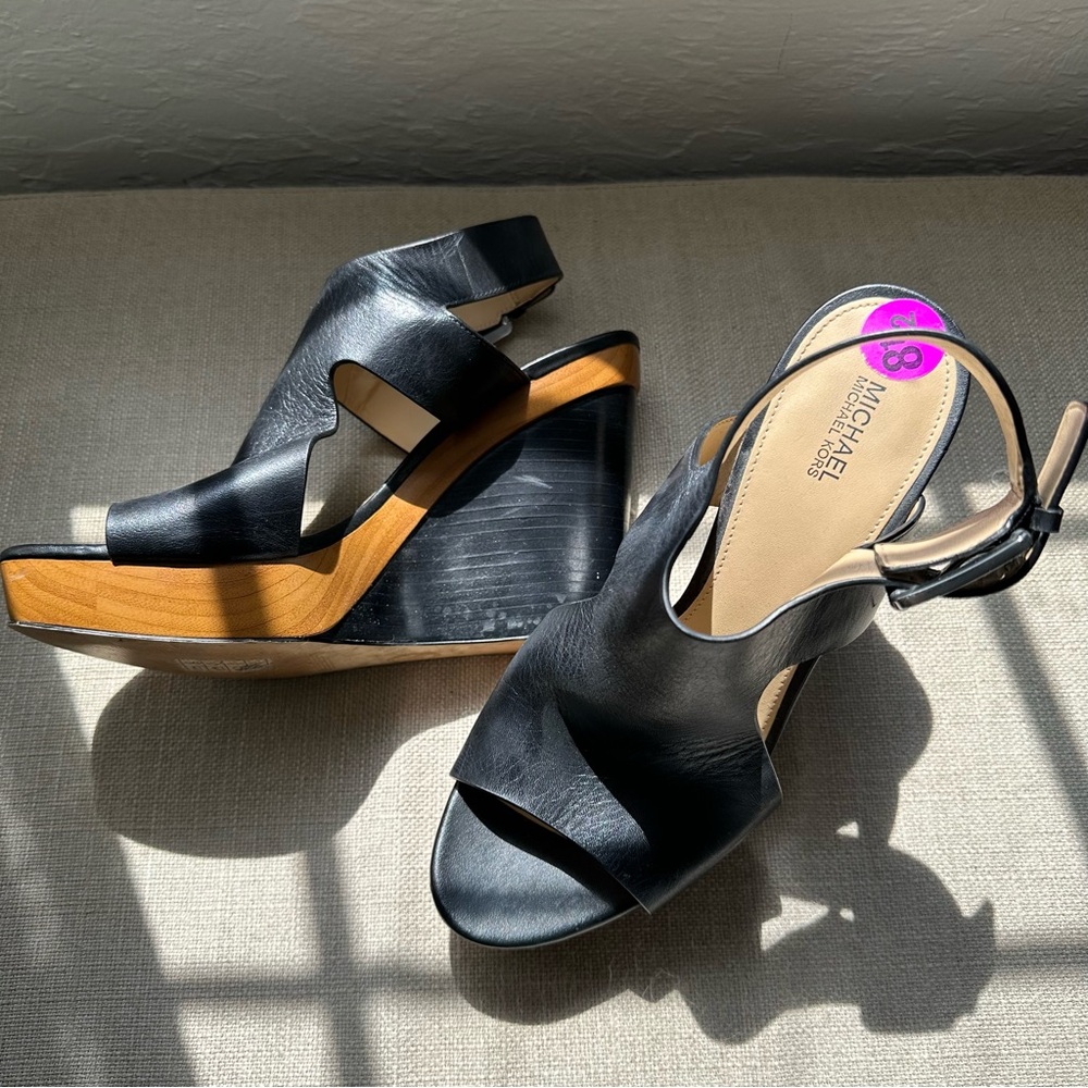 NWT Michael Kors Black Leather Open-Toe Slingback Wedge Sandals